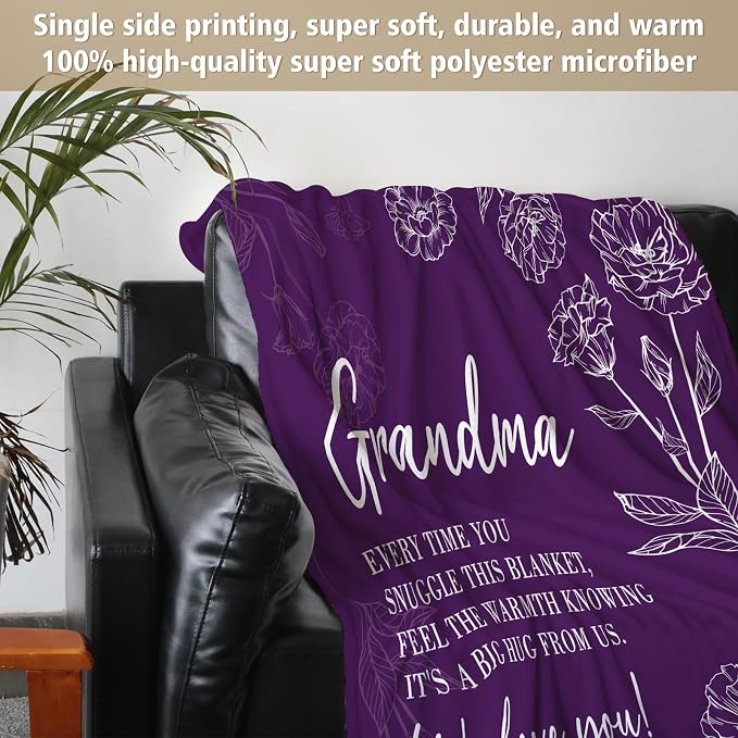 GiltGlimmer Grandma Gifts, Grandma Floral Blanket 50" x 60", Purple | Birthday Gifts for Grandma from Grandkids, to My Grandmother Soft Flannel Throw Blanket for Christmas Mothers Day