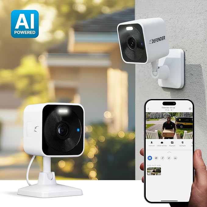 Defender GO 2K AI Powered WiFi Indoor/Outdoor Home, Business, Pet, Baby Security Camera, AI Detection, Dual Band, Spotlight/Siren, Color Night Vision, 2-Way Talk, Works with ClearVu App