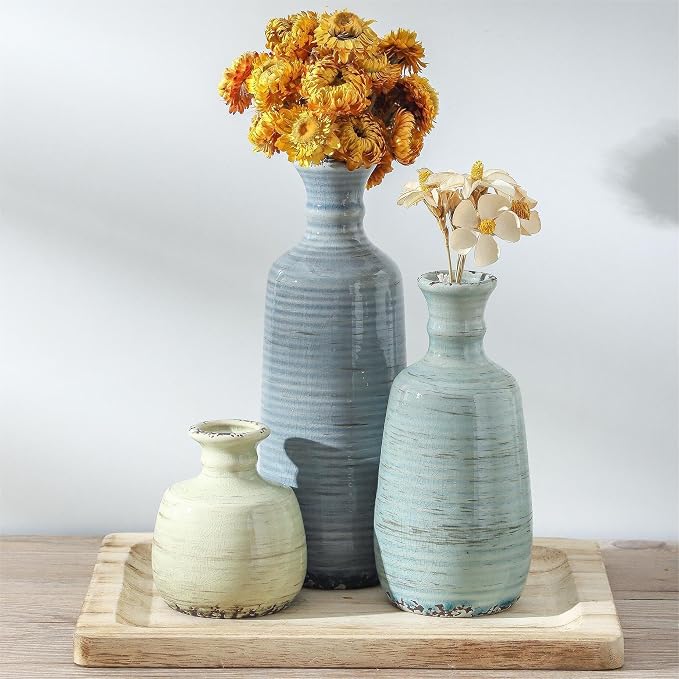 Ceramic Vase Set of 3, Rustic Neutral Vases Home Decor Farmhouse Decorative Flower Vase Modern Boho Pampass Vases for Table Mantel Entryway Shelf Living Room Kitchen Bathroom - Multicolor