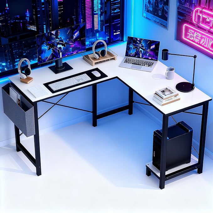 OLIXIS L Shaped Desk, 50-Inch Office Computer Gaming Desks Corner PC Table with Side Bag and Reversible Shelf for Home Work Study Writing White | Side Bag, Reversible Shelf, Home Work Study Writing, PC Workstation, Easy Assembly, White