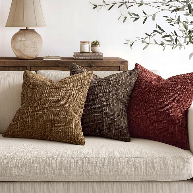 MIULEE Chenille Textured Fall Throw Pillow Covers Rust 20x20 Set of 2 | Slubby Decorative Pillows, Boho Farmhouse Rustic Home Decor, Modern Neutral Cushion Covers for Couch Sofa Bed Living Room