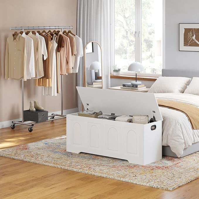 Storage Chest, Wooden Toy Box, White 47.2" L | Entryway Shoe Bench, 2 Soft-close Hinges, Finger-safe Flip-Top Lid, Easy Assembly, Farmhouse Large Trunk, Living Room/Bedroom