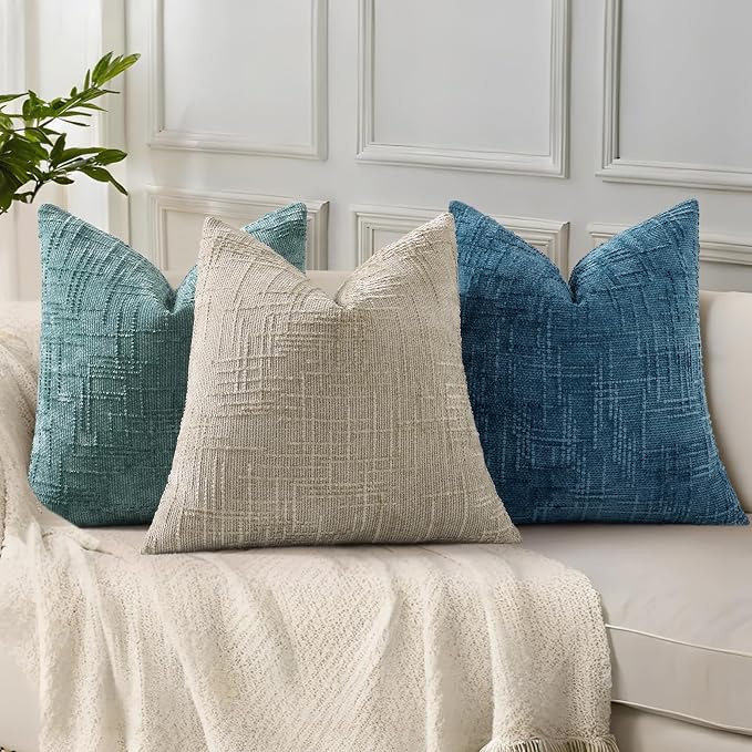 decorUhome Textured Chenille Throw Pillow Covers 16x16 Set of 2 Navy Blue | Fall Modern Farmhouse Soft Cozy Slubby Couch Pillow Cases Boho Decorative Pillow Cases for Bed Sofa Living Room Home Decor