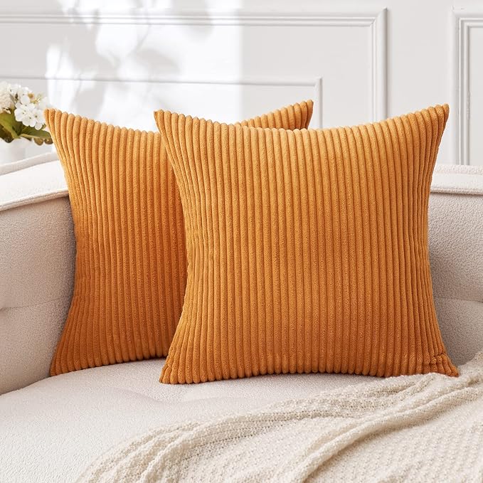 MIULEE Fall Soft Corduroy Throw Pillow Covers Set of 2 16x16 Burnt Orange | Decorative Striped Textured Cushion Cases, Boho Rustic Square Pillowcases, Home Decor for Couch Chair Sofa Bed Living Room