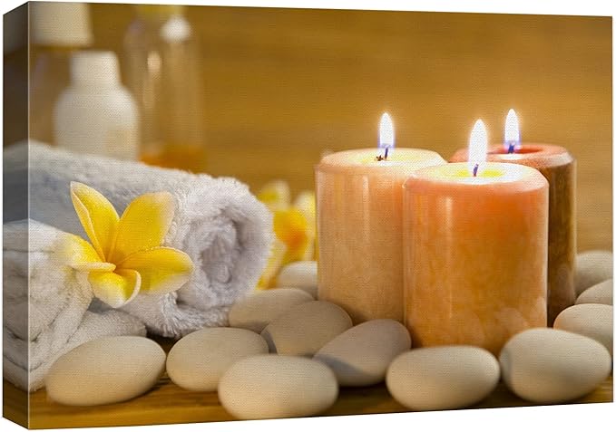 wall26 Canvas Print Wall Art Lit Spa Candle Trio with Stones & Yellow Blossoms Nature Wilderness Photography Realism Chic Scenic Relax/Calm Multicolor for Living Room, Bedroom, Office - 32"x48"