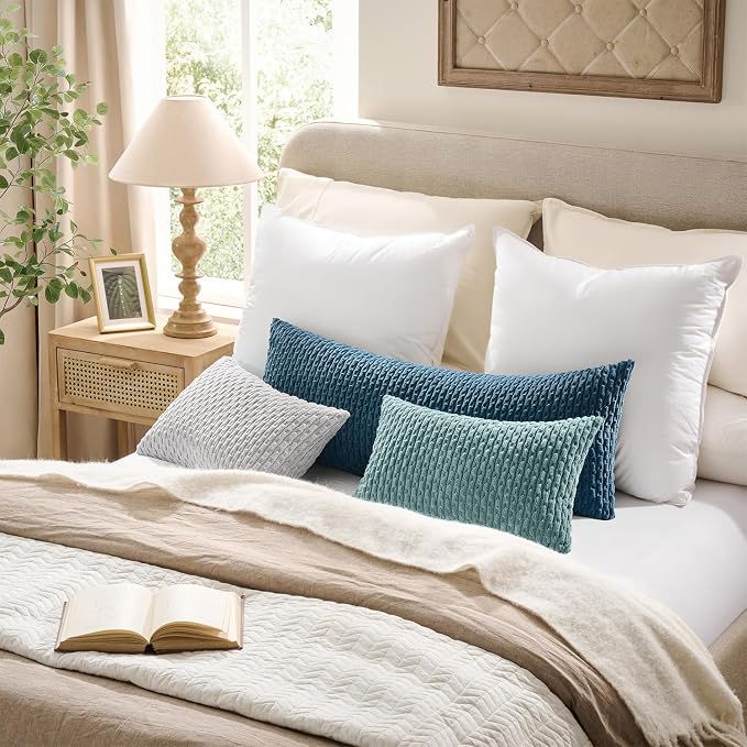 Kevin Textile Soft Corduroy 14"x20" Lumbar Pillow Cover 1 Pack, Blue Grey | Boho Stripe Plush Corduroy Decorative Oblong Cushion Cover Modern Farmhouse Home Decor for Sofa Couch Bed Chair
