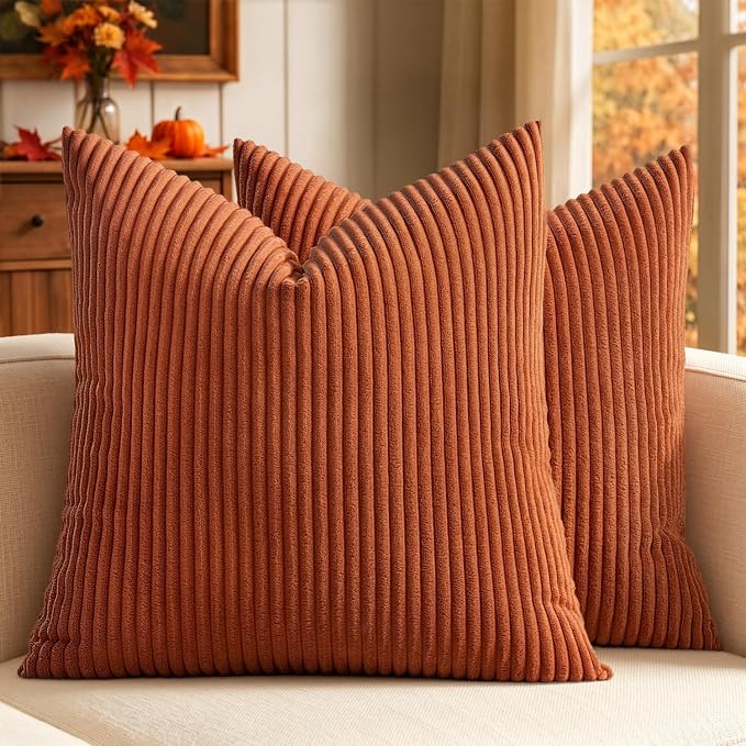 MIULEE Fall Decorative Corduroy Throw Pillow Covers Set of 2 20x20 Rust | Soft Striped Textured Cushion Cases, Boho Rustic Square Pillowcases for Home Decor, for Couch Chair Sofa Bed Living Room
