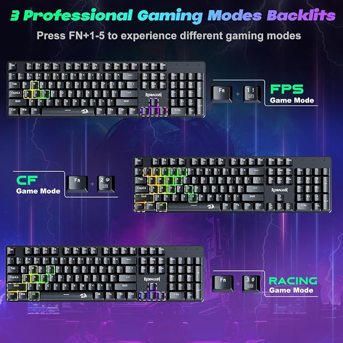 Redragon Mechanical Gaming Keyboard Wired, 11 Programmable Backlit Modes, Hot-Swappable Red Switch, Anti-Ghosting, Double-Shot PBT Keycaps, Light Up Keyboard for PC Mac