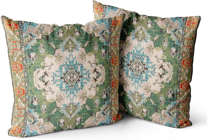 Snycler Boho Throw Pillow Covers 16x16 inch Set of 2 Boho Rug Carpet Double Sided Pattern Cotton Soft Pillow Case Cushion Cover Pillowcase for Couch Sofa Bed Decorative (Green)