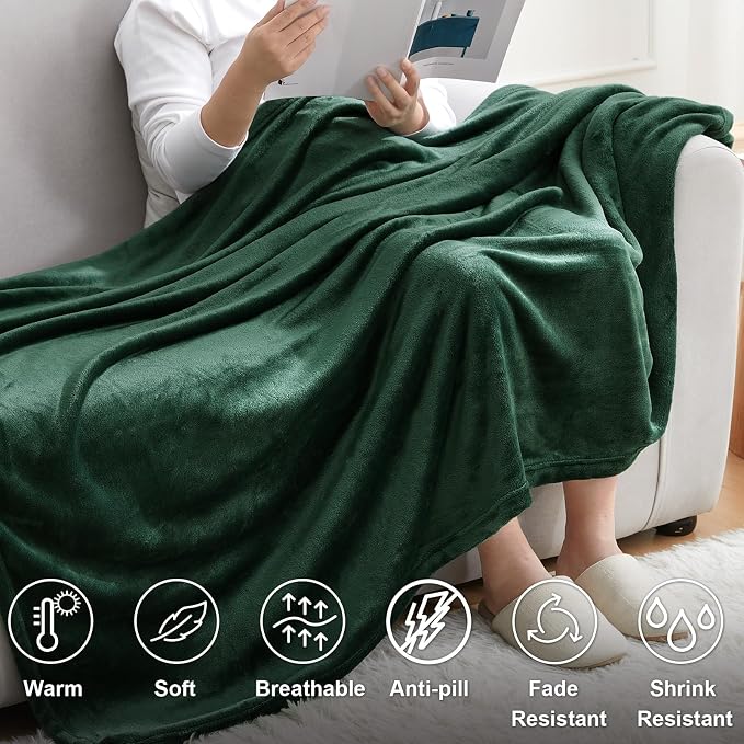 Hansleep Queen Dark Green Fleece Blanket, Soft Flannel Bed Blanket | Fuzzy Cozy Blanket 90x90 Inches, Multi-use for Bed, Sofa, Couch, Travel, Camping, All Season Warm Lightweight Cover