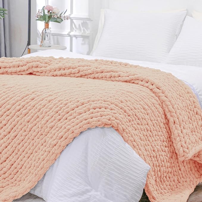 Bigacogo Chunky Knit Throw Blanket for Couch, 51x63 inches, Peach Fuzz | Hand Knit with Jumbo Chenille, Soft Breathable Cable Knit for Sofa Bed Living Room, Machine Washable, Gift for Mom Friend