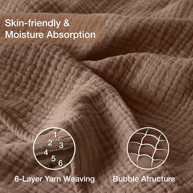 100% Cotton Muslin Blanket California King 120" x 90", 6 Layers Breathable and Lightweight Oversized Blankets for Bed, Soft Cooling Gauze Blanket for Adults All Season, Tan