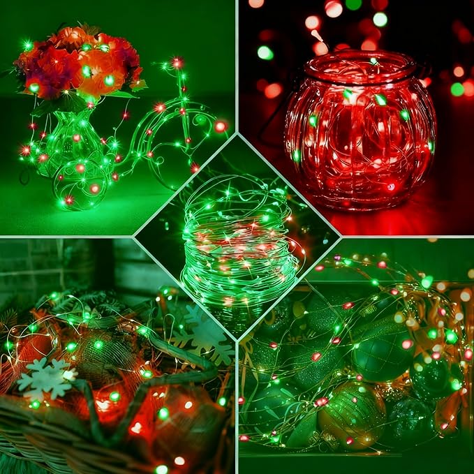 Aogist 50 Pack Fairy Lights 3 Modes 7ft 20 LED Waterproof,Battery Operated Silver Wire Firefly Starry Moon Mini String Lights for Mason Jars Christmas DIY Crafts Wedding Party Bedroom,Red&Green