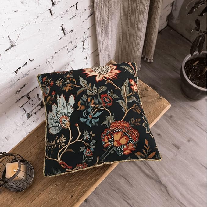 Vintage Red Orange Blue Floral Velvet Pillow Covers 16x16 Inch Retro Abstract Boho Flowers Throw Pillows For Couch Cushion Covers Pillowcase Bohemian Farmhouse Pillow Cases for Sofa Bed Bedroom