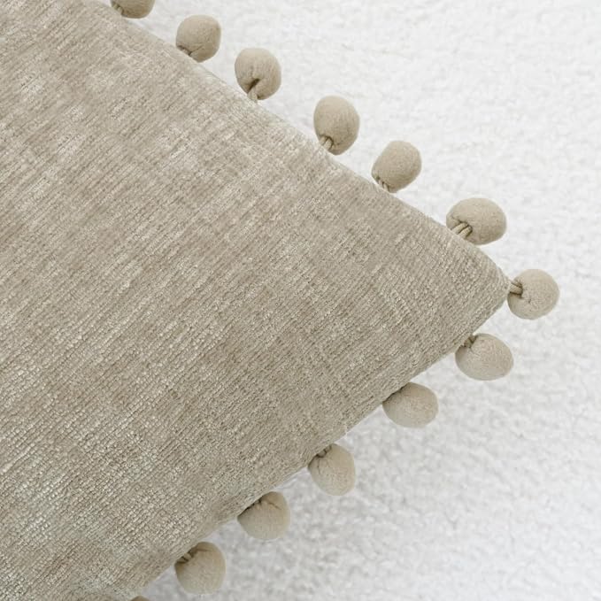CaliTime Decorative Couch Throw Pillow Covers 22 X 22 Inches Taupe | Pack of 2, Cozy Chenille Cushion Cases, with Pom Poms for Sofa Bed Living Room Farmhouse Home
