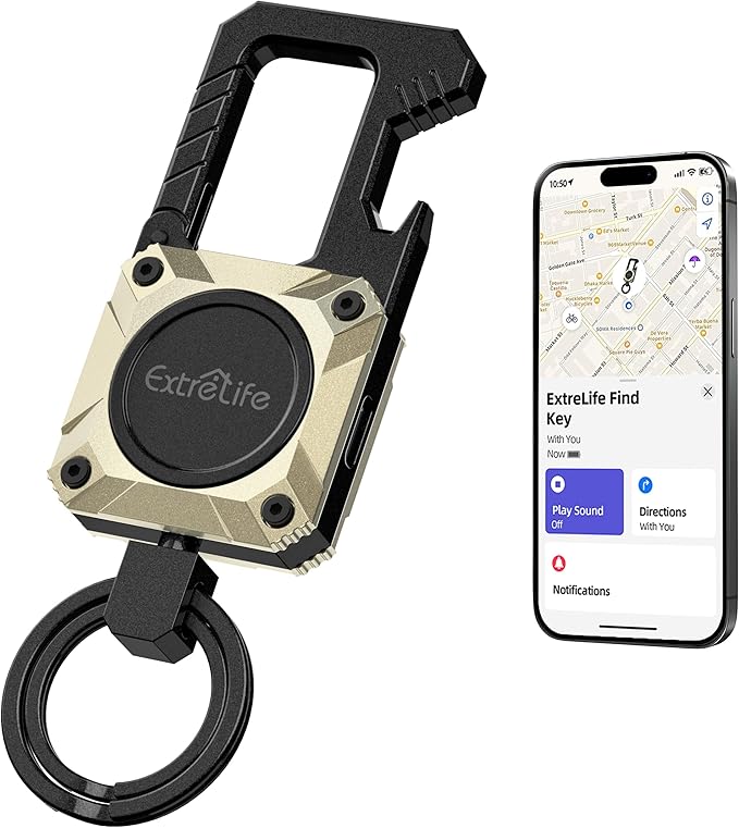 Keychain, Works with Apple Find My, Heavy Duty Key Chain Bottle Opener, Carabiner Car Key Chains with GPS Tracker, Key Finder, Bluetooth Tracker for Luggage, Kids, Bags, Rechargeable, Champagne Gold