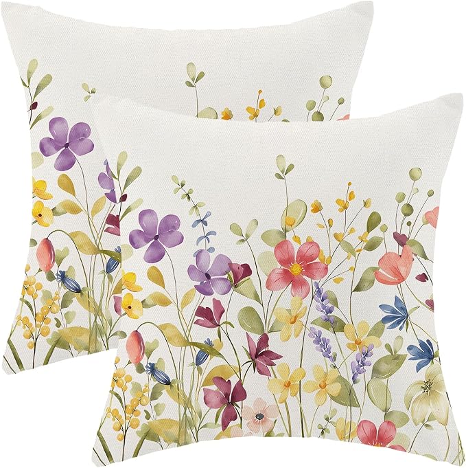 AEIOAE Spring Pillow Covers 16x16 Inch Set of 2, Colorful Wild Flower Leaves Plant Throw Pillows Case,Seasonal Floral Outdoor Decorative Farmhouse Decor Cushion Covers for Home Sofa Bed Couch