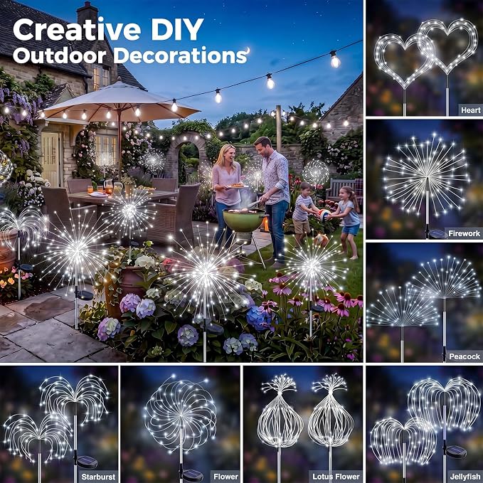 btfarm 2 Pack 120 LED Solar Garden Lights Outdoor, 8 Modes Firework Lights Solar Powered, Waterproof Twinkle Fairy Light Outside for Yard Patio Pathway Pool Christmas Party Decorative, Cool White