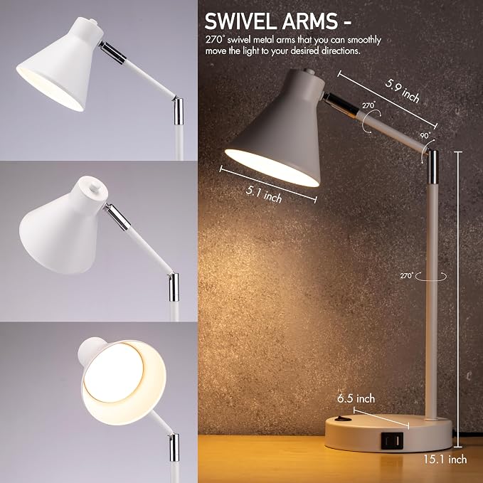 O'Bright Astrum - LED Desk Lamp with Dual USB Charging Ports, 100% Metal, 270 Degree Swivel Arms, Soft White Light (3000K), Bedside & Home Office Table Lamp, ETL Listed, White