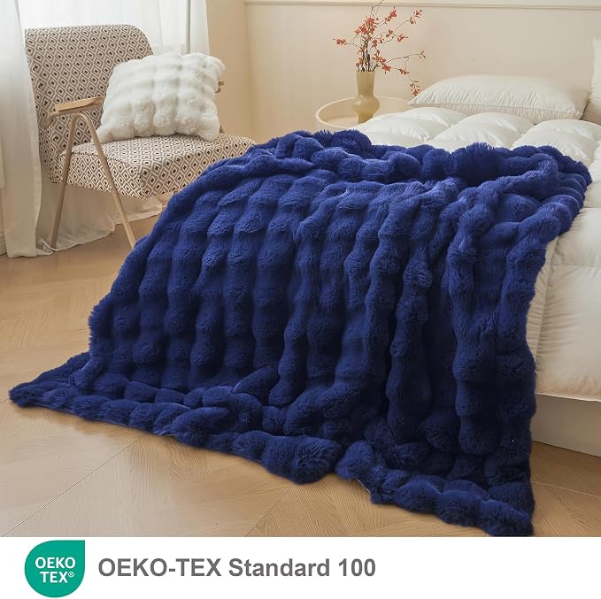 LIFEREVO Luxury Fluffy Faux Rabbit Fur Throw Blanket 50x60, Navy Blue | Plush Bubble Blanket for Bed Couch Sofa Office, Decorative Soft Cute Royal Furry Lap Throw for Kids Teens Adults, Washable