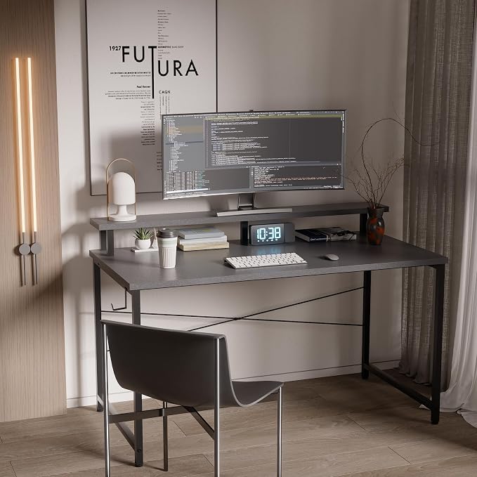 Pamray 47 Inch Small Computer Desk with Monitor Stand, Simple Office Desk with Headphone Hook for Small Spaces, Kids Study Writing Table for Bedroom, Grey