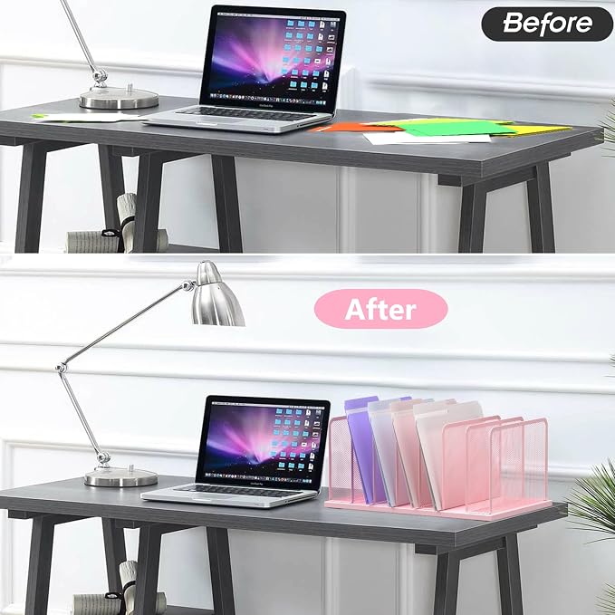 Kuntine.B 7-Section Upright Desk File Organizer Pink 2 Pack | Vertical, Mesh, Metal, Assembly, Stability, Sturdiness, Organization, Standing