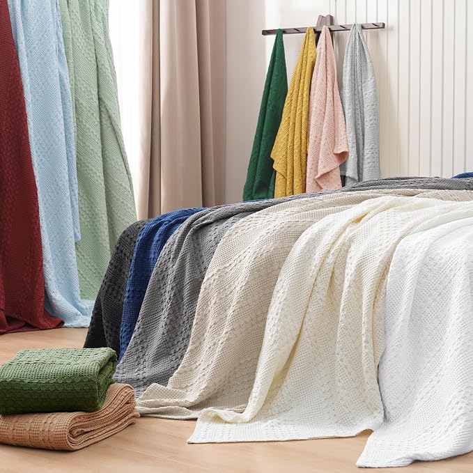 PHF 100% Cotton Waffle Weave Blanket King Size, Lightweight Breathable Summer Blanket for Hot Sleepers, Pre-Washed Soft Layer for Bed, Couch, Home Decor Gift, 108"x90", Blue Sapphire