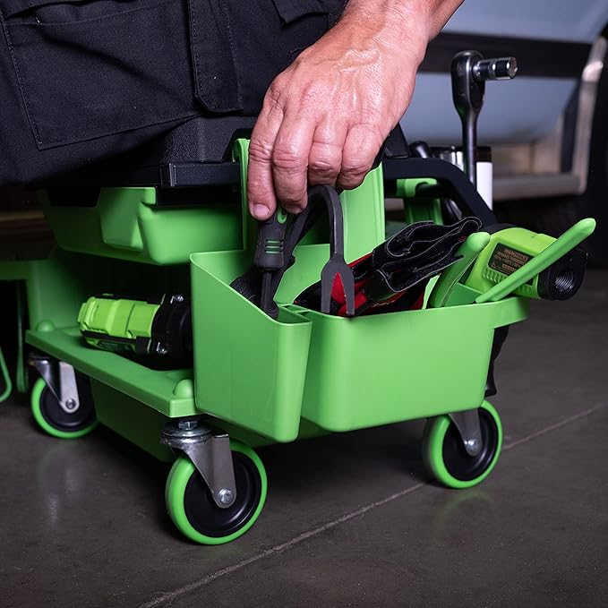OEMTOOLS Sidekick Rolling Mechanic Stool – 5 Tool Trays, Cushioned Seat, 330 lb Capacity (Green)