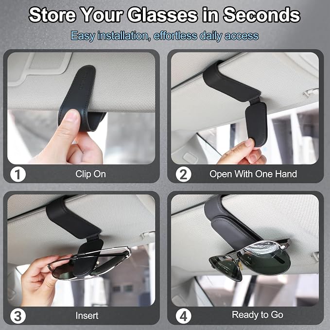 CHOSMOYI Magnetic Leather Sunglass Holder for Car, Sunglasses Clip for Car Visor, Auto Interior Accessories Universal for Different Size Eyeglasses (Black)