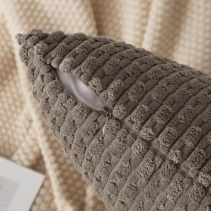 Kevin Textile Soft Corduroy 14"x20" Lumbar Pillow Cover 1 Pack, Light Brown | Boho Stripe Plush Corduroy Decorative Oblong Cushion Cover Modern Farmhouse Home Decor for Sofa Couch Bed Chair