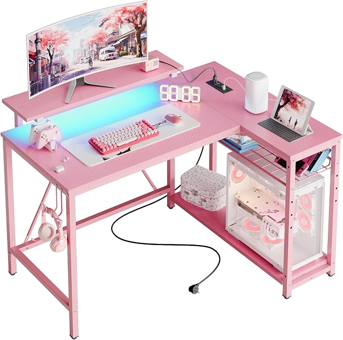 Bestier 42-Inch Pink L-Shaped Gaming Desk with Charging & LED | Charging 2AC+USB+Type-C, RGB LED 20 Colors/22 Modes, Reversible Shelves, Carbon Fiber Texture, Headset Hook, Small Space