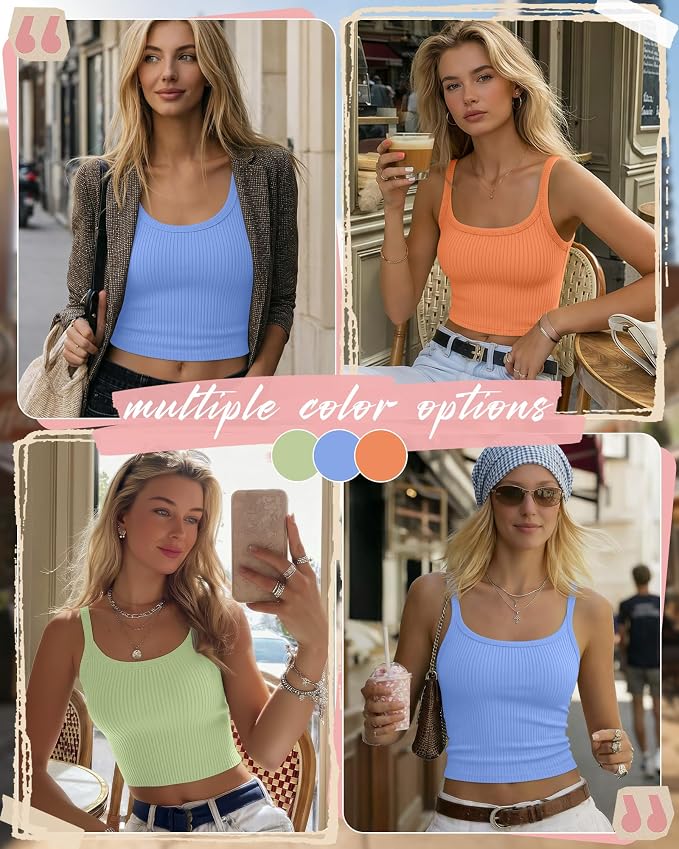 Ficerd 3 Pack Women's Tank Tops 95% Cotton Spaghetti Strap Ribbed Crop Camisole Slim Fitted Basic Summer Sleeveless Layer