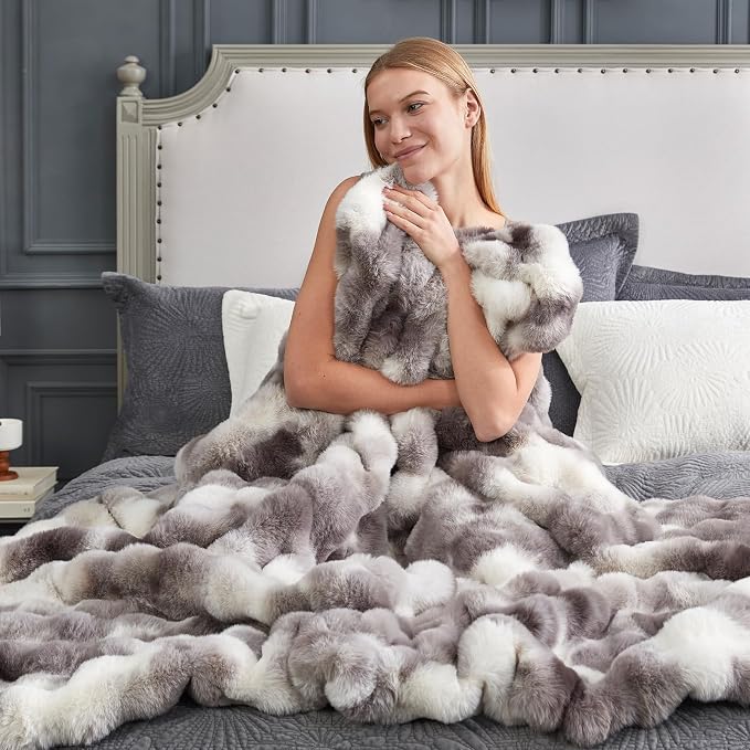 Cozy Bliss Faux Fur Throw Blanket for Couch, Fuzzy Soft Plush Thick Bubble Blanket for Sofa Bedroom Living Room, 60 * 80 Inches Tie-dye Taupe