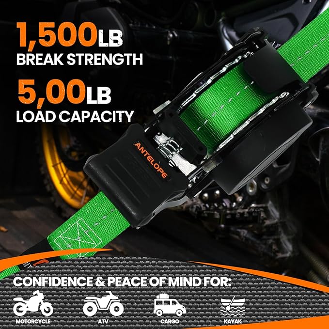 Retractable Ratchet Straps (4 PK), 1" x 12 ft Auto Retract Tie Downs, Automaitc Ratchet Strap, 1500lb Break Strength AutoRetract Self Retracting for Motorcycle, Truck, Cargo, Trailer, ATV, UTV -Green