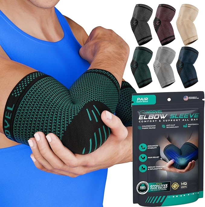 Modvel 2 Pack Elbow Brace - Golfer's Elbow Compression Sleeve Support for Joint Pain Relief, Recovery, Tendonitis Braces, Tennis Elbows Brace For Men & Women, Workout & Weightlifting Arm Wrap
