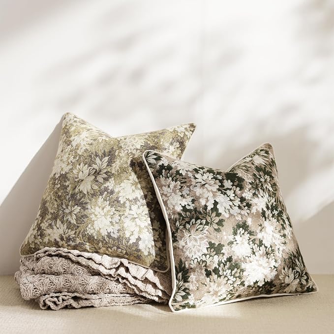 Pack of 2 Vintage Floral Throw Pillow Covers 22x22 Boho Farmhouse Accents Chenille Square Decorative Pillow Cases for Living Room Couch Bed Home Decor, Green and Taupe