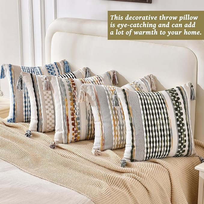 Chenille Striped Textured Boho Throw Pillow Covers Aesthetic with Tassels Woven Decorative Pillow Case for Couch Bed Sofa Bedroom Modern Funky 18 x 18-Inch Grey