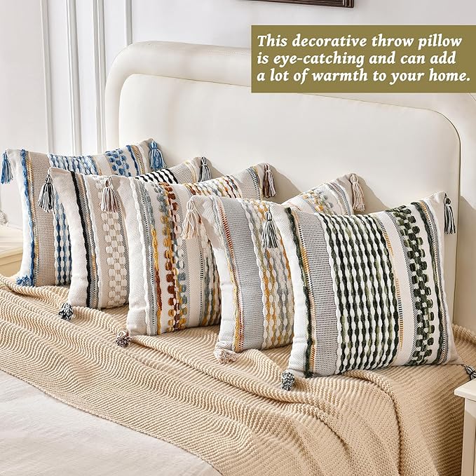 Chenille Striped Textured Boho Throw Pillow Covers Aesthetic with Tassels Woven Decorative Pillow Case for Couch Bed Sofa Bedroom Modern Funky 18 x 18-Inch Black