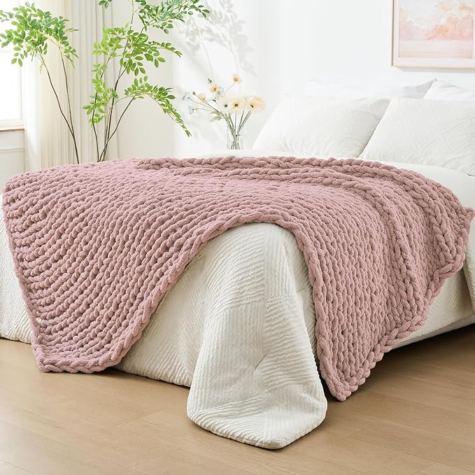Bigacogo Chunky Knit Throw Blanket for Couch, 51x63 inches, Dusty Pink | Hand Knit with Jumbo Chenille, Soft Breathable Cable Knit for Sofa Bed Living Room, Machine Washable, Gift for Mom Friend