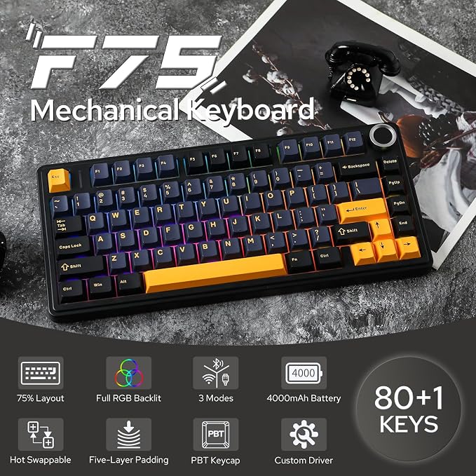 EPOMAKER x Aula F75 Gasket Mechanical Keyboard, 75% Wireless Hot Swappable Gaming Keyboard with Five-Layer Padding&Knob, BT/2.4GHz/USB-C, RGB (Black, Ice Vein Switch)