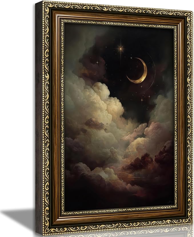 Vintage Gold Framed Crescent Moon Cloud Wall Art, Dark Academia Celestial Starry Sky Oil Painting Print, Antique Ornate Mystical Night Sky Wall Decor, Gothic Cottagecore Home Decor, 12x16in