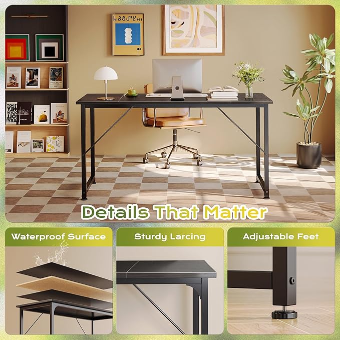 PRAISUN 55 Inch Computer Desk, Home Office Desk with Spacious Desktop, Black