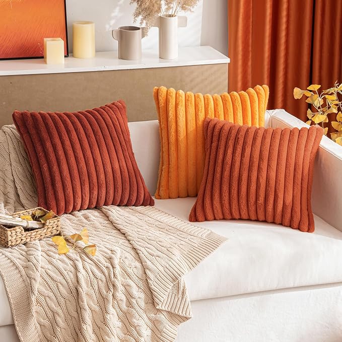 MIULEE Faux Fur Decorative Throw Pillow Covers 20x20 Set of 2 Rust | Vintage Boho Fall Modern Soft Plush Couch Pillows, Cozy Fluffy Cushion Covers for Sofa Bed Living Room Home Decor