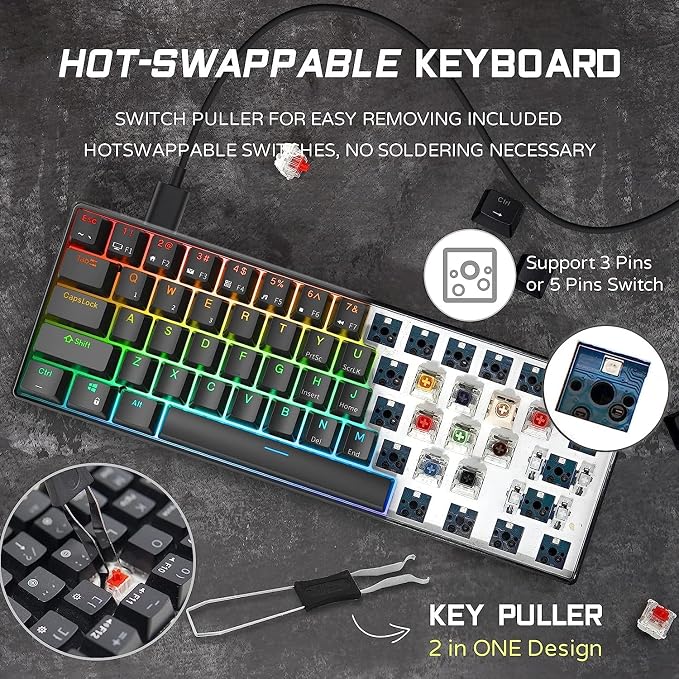RK ROYAL KLUDGE RK61 Wired 60% Mechanical Gaming Keyboard Programmable QMK/VIA RGB Backlit 61 Keys Ultra-Compact Hot Swappable Red Switch Black