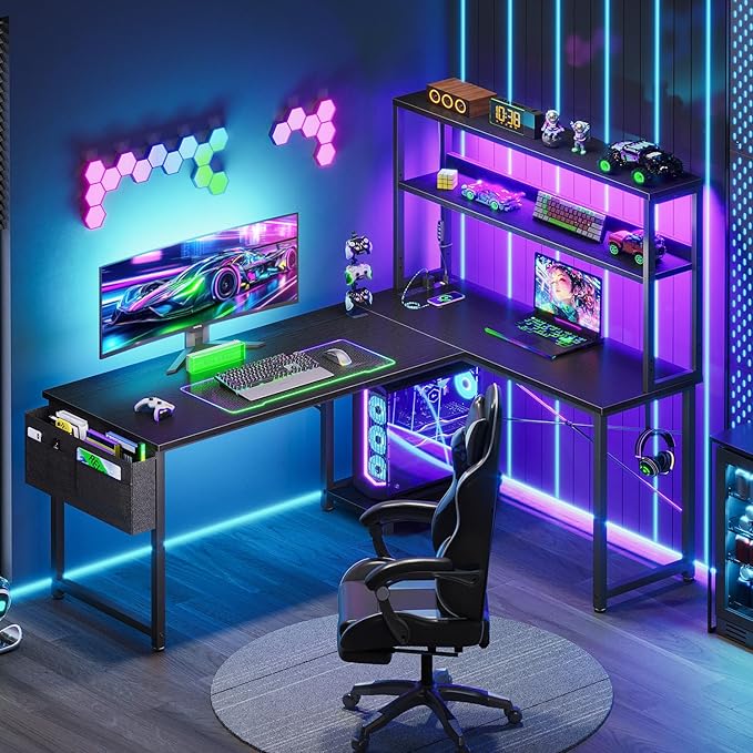 AODK L Shaped Desk Gaming Desk with LED Light & Power Outlet | 53 Inch Black Reversible L Shaped Computer Table with Shelf & Storage Bag & Hook for Home Office
