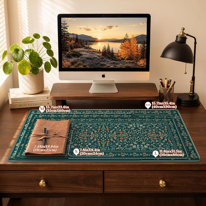 iCasso Aesthetic Flower Mouse Pad,23.6x13.7in,Deep Green | Vintage Desk Matt for Desktop, Anti-Slip Mousepad with Stitched Edges for Laptop Computer Keyboard