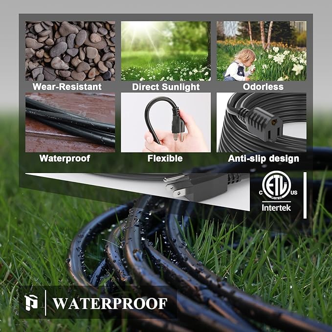 PLUGTUL Extension Cord 75 FT, 16/3 Outdoor Extension Cord Waterproof, Heavy Duty 3 Prong Extension Cord Black, 13A 1625W SJTW, ETL Listed, Great for Garden and Home