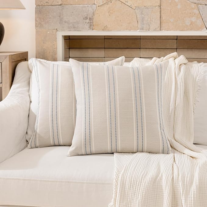 Hckot Dusty Blue Decorative Pillow Covers Stripe Throw Pillow Covers 18x18 | Set of 2 Farmhouse Decorative Pillows Textured Square Cushion Covers for Sofa Couch Bed Living Room Decor