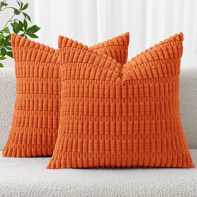 MIULEE Fall Pack of 2 Orange Corduroy Decorative Pillow Covers 18x18 Inch Soft Boho Striped Throw Pillow Covers Modern Farmhouse Home Decor for Halloween Thanksgiving Sofa Living Room Couch Bed