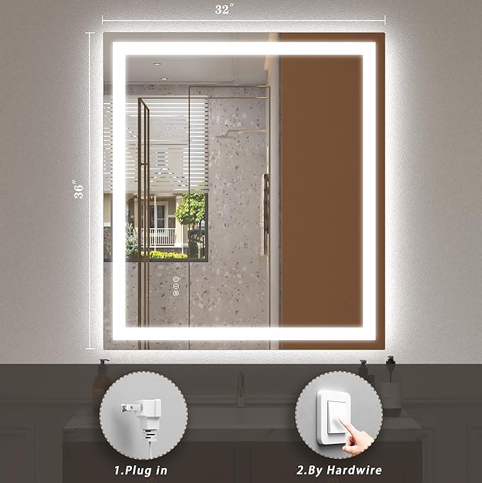 32x36 Lighted Mirror for Bathroom Wall, Smart Illuminated Vanity Mirror with Lights, Dimmable, Anti-Fog (Front Lights + Backlit)